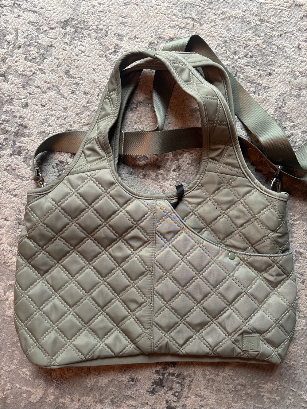 Quilted Olive Green Tote Bag with Detachable Strap